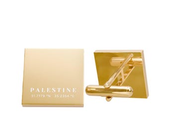 Palestine Cufflinks, Jerusalem Coordinates Cufflinks, Laser Engraved Palestinian Gift for Men, Silver Gold Cuff Link, Groom Wedding Eid Gift