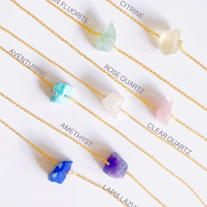 Natural healing crystal necklace with gold plated chain, perfect gift for her. Amethyst, clear quartz, rose quartz, fluorite, lapis Lazuli