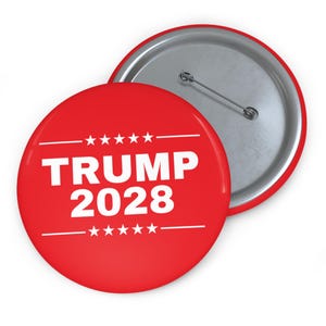 May include: Red button with white text that reads "TRUMP 2028" with five white stars above and below the text.