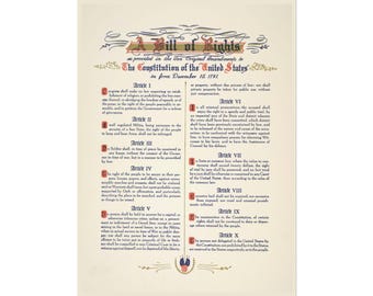 May include: A vintage-style print of the Bill of Rights of the United States Constitution, featuring the ten amendments in a decorative font on a cream-colored background.