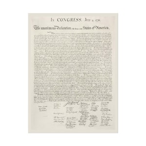 May include: A black and white image of the Declaration of Independence, signed by the founding fathers of the United States of America. The document is dated July 4, 1776. The text of the document is in cursive script and includes the phrase "In Congress, July 4, 1776. The unanimous Declaration of the thirteen united States of America."