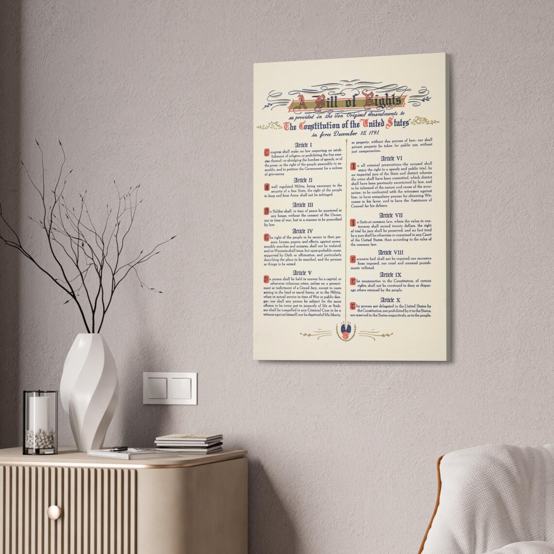 US Bill of Rights Canvas Stretched, 1.5'' USA Historical Document 20 ...