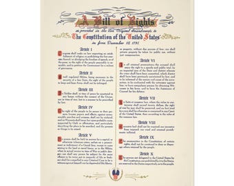 May include: A vintage-style poster of the Bill of Rights, the first ten amendments to the United States Constitution. The poster features a decorative border and the text of each amendment in a formal, elegant font.