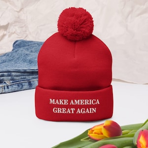 Make America Great Again embroidered Pom-Pom Beanie Hat, Pom-Pom Hat, Trump 2024, Fall Hat, Winter Hat, MAGA Hat
