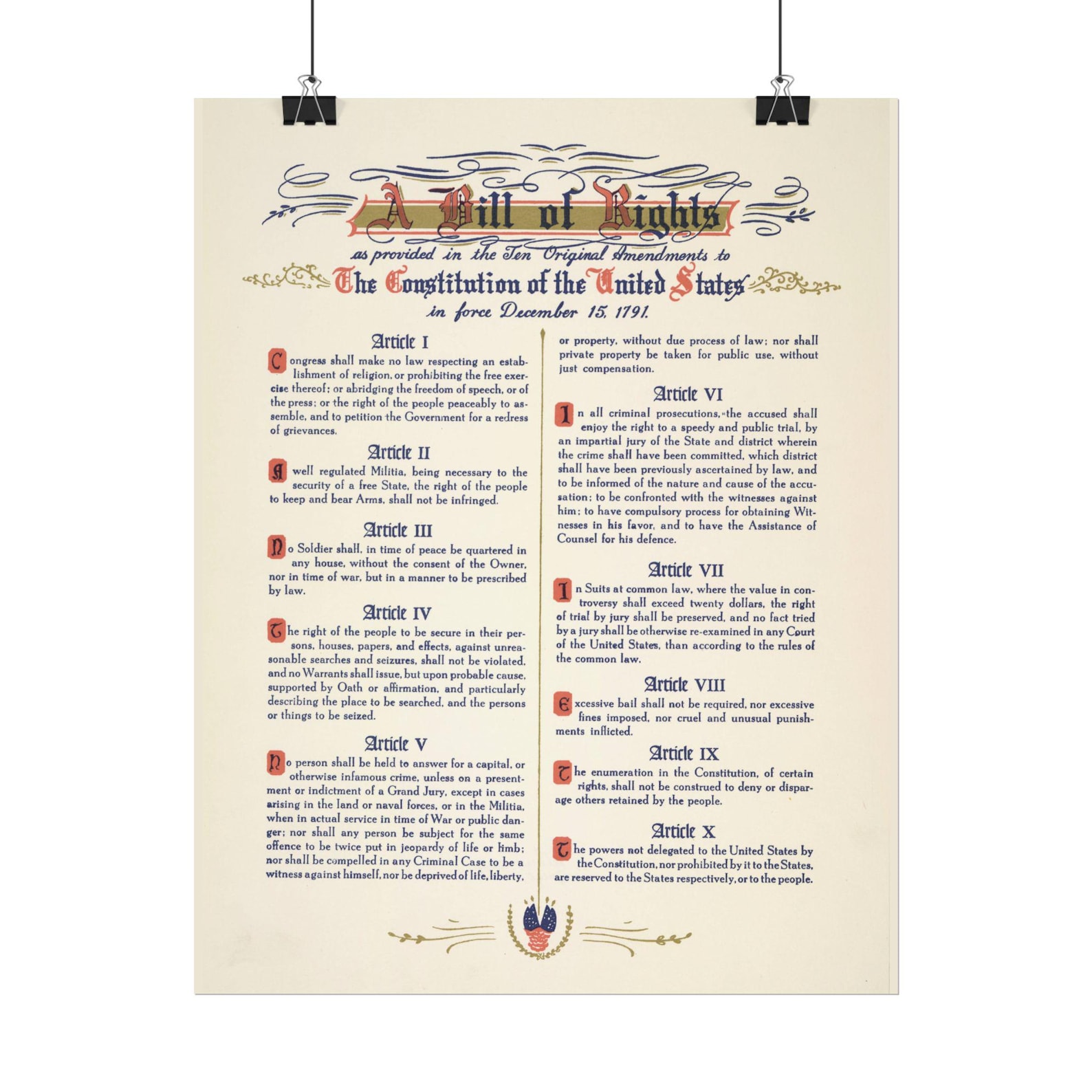 US Bill of Rights Poster USA Historical Document 5