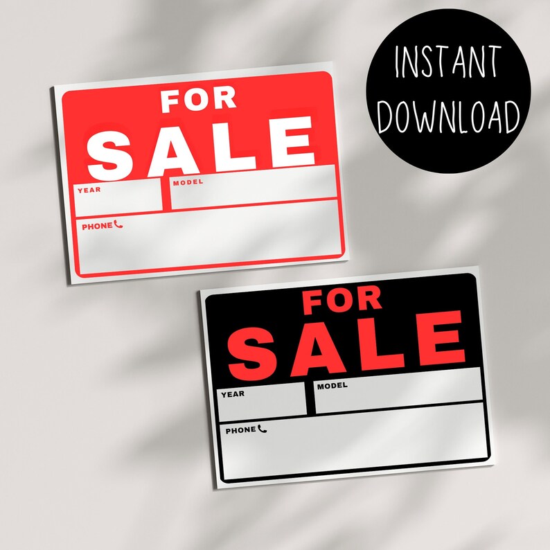 For Sale Printable Sign US Letter 8.5 X11 Instant Download PDF Vehicle ...