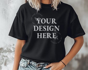 Maqueta de camiseta negra Gildan 5000 (plano), maqueta de camiseta negra G5000, maqueta de modelo Gildan, maqueta de camiseta negra, maqueta de camiseta negra Gildan