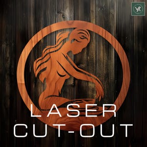 May include: A laser cut wooden cutout of a woman in a circle with the text "LASER CUT-OUT" below.