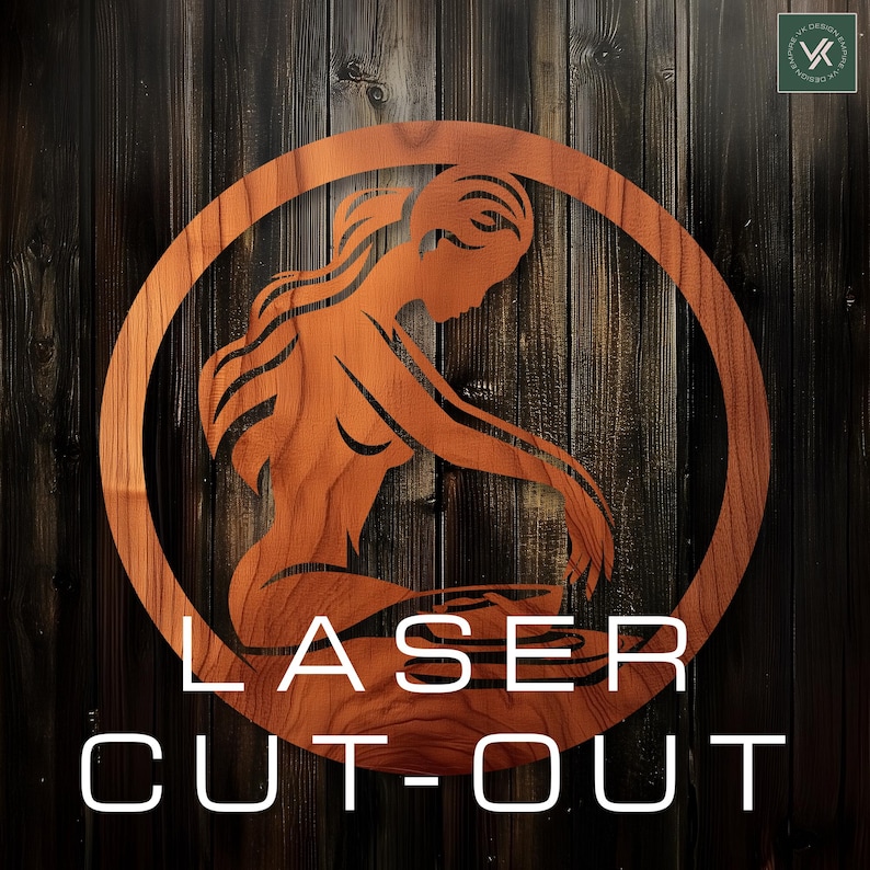 May include: A laser cut wooden cutout of a woman in a circle with the text "LASER CUT-OUT" below.