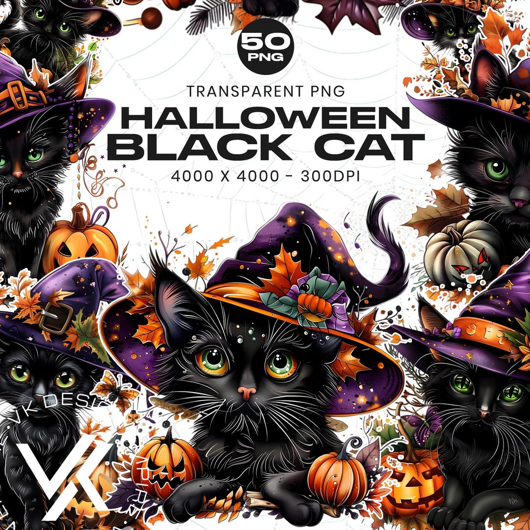 Spooky Halloween Black Cat Clipart 50 PNG Bundle, Pumpkins, Autumn ...