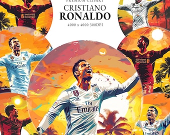 May include: A digital illustration of Cristiano Ronaldo wearing a white football shirt with the words "Fly Emirates" on the front. The background is a sunset scene with palm trees.