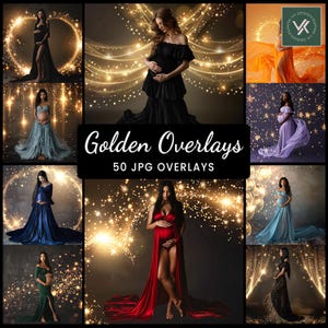 May include: A set of 50 digital overlays featuring sparkling gold lights and stars. The overlays are perfect for adding a touch of magic to photos. The text "Golden Overlays" and "50 JPG OVERLAYS" is displayed on the image.