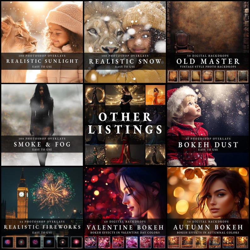 May include: A collage of nine images showcasing different Photoshop overlays and digital backdrops. The images include realistic sunlight, snow, smoke and fog, bokeh dust, fireworks, Valentine's Day bokeh, and autumn bokeh.