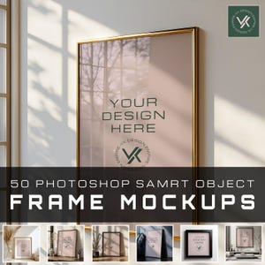 Puede incluir: 50 maquetas de marcos Photoshop Smart Object. Un marco dorado con un fondo blanco y el texto "YOUR DESIGN HERE".