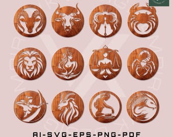 12 Zodiac SVG Bundle | Astrology SVG, Horoscope Laser Cut, Zodiac Signs, Digital Templates, Glowforge, Cricut, Home Wall Decor, svg png pdf