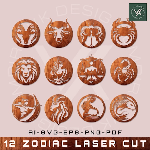 12 Zodiac SVG Bundle | Astrology SVG, Horoscope Laser Cut, Zodiac Signs, Digital Templates, Glowforge, Cricut, Home Wall Decor, svg png pdf