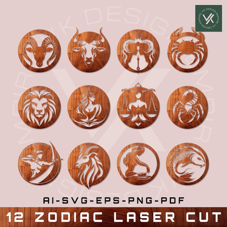 May include: Twelve zodiac signs are depicted in a circular wooden design. Each sign is intricately carved and features a unique design, including a ram, bull, twins, crab, lion, virgin, scales, scorpion, archer, goat, water bearer, and fish.