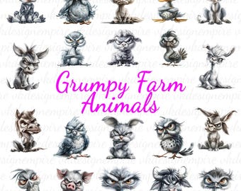 Grumpy Farm Animal PNGs | Funny Cartoon Clipart | Transparent Background | Cute Farm Animals Art | Digital Download for Crafts & Decor