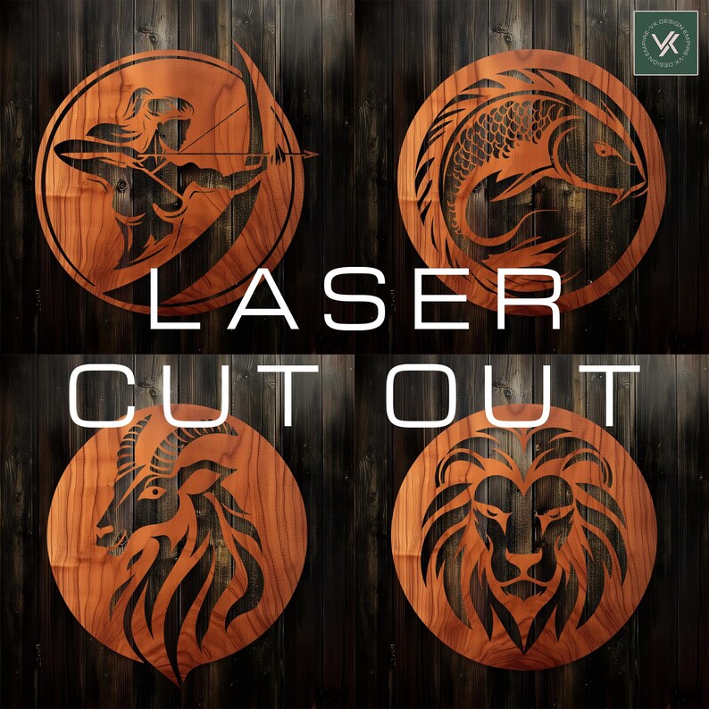May include: Four laser cut wooden circles with different designs. The designs include a woman with a bow and arrow, a fish, a goat, and a lion. The circles are on a wooden background with the text "LASER CUT OUT" in white.