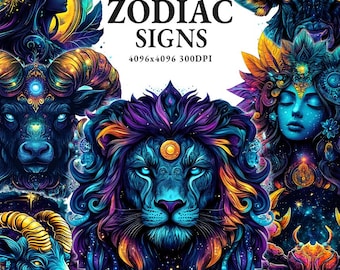 Zodiac Bundle Clipart, Horoscope Celestial Sign Design, Zodiac Clipart Set, Astrology Clipart, Celestial Clipart, Zodiac Sublimation Design
