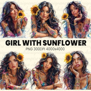 Girl With Sunflowers PNG Clipart, Sunflower Clip Art, Girl With Tatoos, Sublimation, Transparent Backgound, Commercial Use, Digital Art