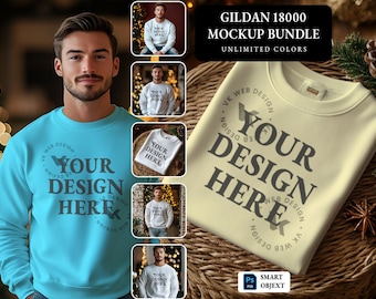 Gildan 18000 Sweatshirt Male Mockup Bundle, G180 Crewneck Mock-uk Bundle, Mens Basic Simple Gildan 18000 Mock, Photoshop PSD Mockup Bundle