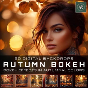 Könnte beinhalten: 50 digitale Hintergründe mit Bokeh-Effekten in Herbstfarben. Die Hintergründe sind eine Mischung aus warmen, erdigen Tönen mit verschwommenen Lichtern und Blättern.