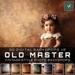May include: 50 Digital Backdrops v2 Old Master Vintage Style Photo Backdrops. A collection of 50 digital backdrops with a vintage style, featuring a variety of colours and textures.