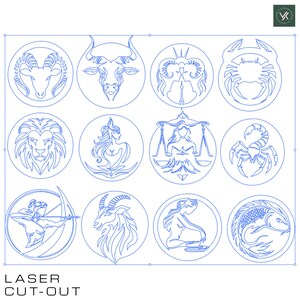 May include: A set of twelve zodiac signs, each depicted in a circle with a blue outline. The signs are Aries, Taurus, Gemini, Cancer, Leo, Virgo, Libra, Scorpio, Sagittarius, Capricorn, Aquarius, and Pisces.