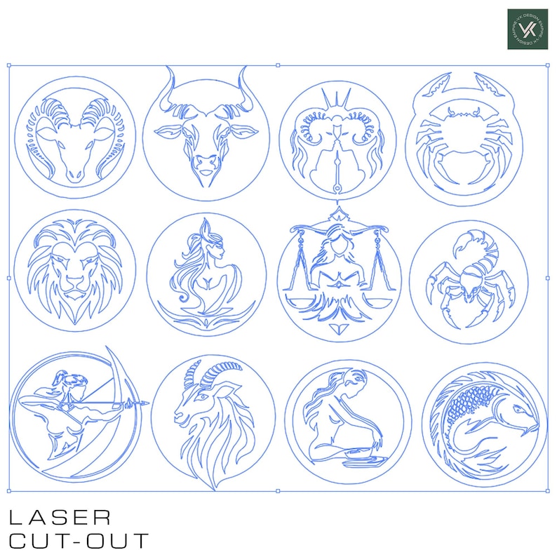 May include: A set of twelve zodiac signs, each depicted in a circle with a blue outline. The signs are Aries, Taurus, Gemini, Cancer, Leo, Virgo, Libra, Scorpio, Sagittarius, Capricorn, Aquarius, and Pisces.