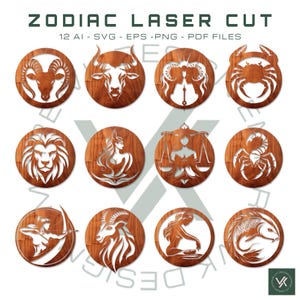 May include: Twelve round wooden signs with laser cut zodiac symbols. The signs are arranged in three rows of four. The signs feature the zodiac symbols for Aries, Taurus, Gemini, Cancer, Leo, Virgo, Libra, Scorpio, Sagittarius, Capricorn, Aquarius, and Pisces.