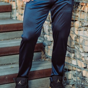 Men's Shiny Athleisure Satin Jogger Pants (Black, Navy, Silver) [Final Restock] Navy