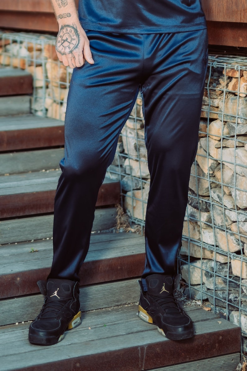 Men's Shiny Athleisure Satin Jogger Pants (Black, Navy, Silver) [Final Restock] Navy