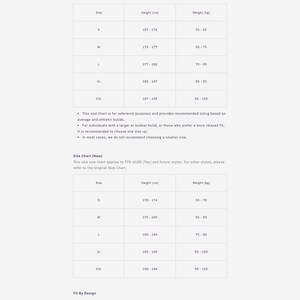 May include: A white document titled "Sizing" with size charts for clothing. The charts list sizes, heights in centimeters, and weights in kilograms. Additional text explains fit types like loose, relaxed, regular, slim, skinny, and tight.