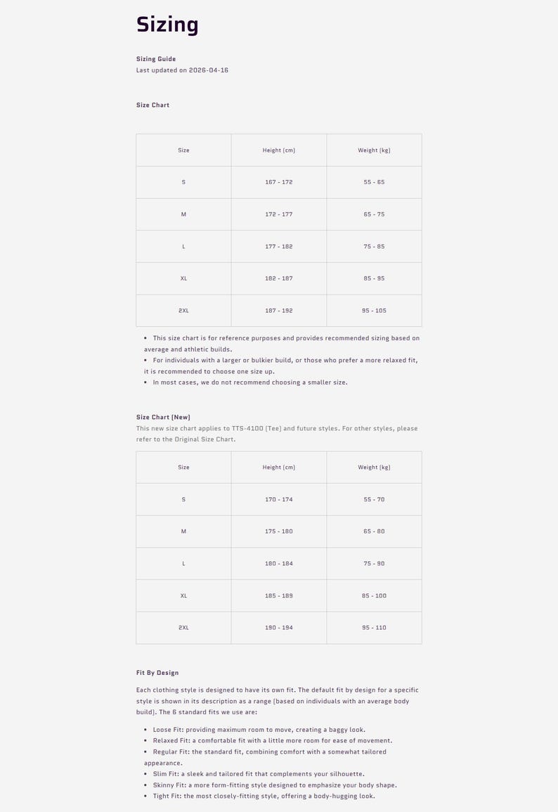 May include: A white document titled "Sizing" with size charts for clothing. The charts list sizes, heights in centimeters, and weights in kilograms. Additional text explains fit types like loose, relaxed, regular, slim, skinny, and tight.