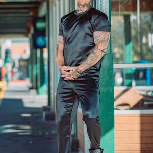Men's Shiny Athleisure Satin Jogger Pants (Black, Navy, Silver) [Final Restock] image 2