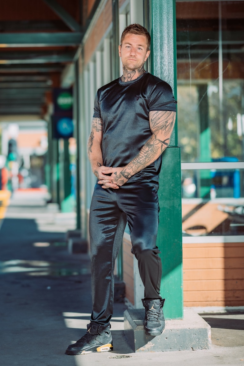 Men's Shiny Athleisure Satin Jogger Pants (Black, Navy, Silver) [Final Restock] image 2