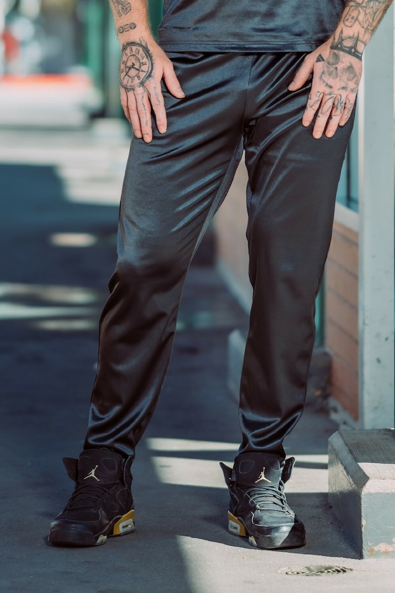 Men's Shiny Athleisure Satin Jogger Pants (Black, Navy, Silver) [Final Restock] Black