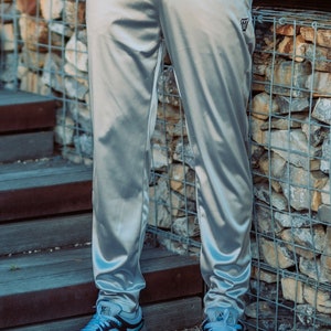 Men's Shiny Athleisure Satin Jogger Pants (Black, Navy, Silver) [Final Restock] Silver