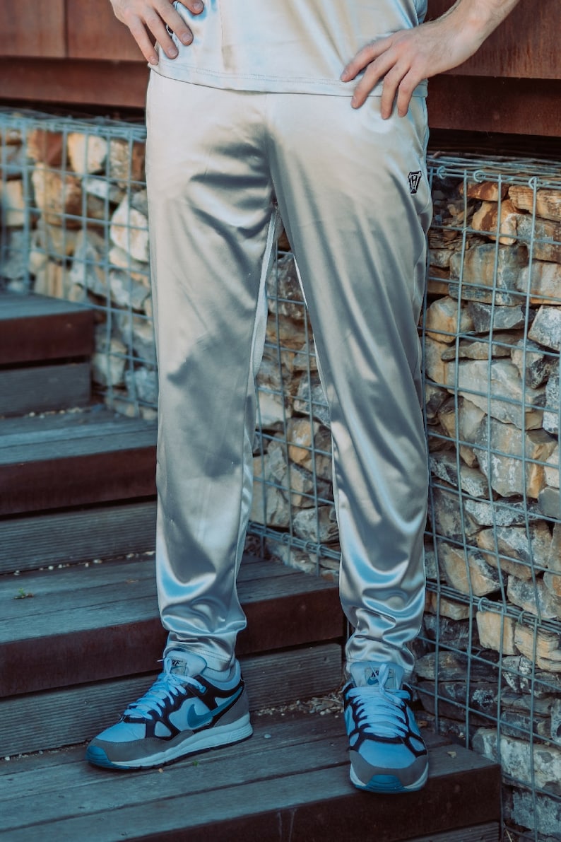 Men's Shiny Athleisure Satin Jogger Pants (Black, Navy, Silver) [Final Restock] Silver