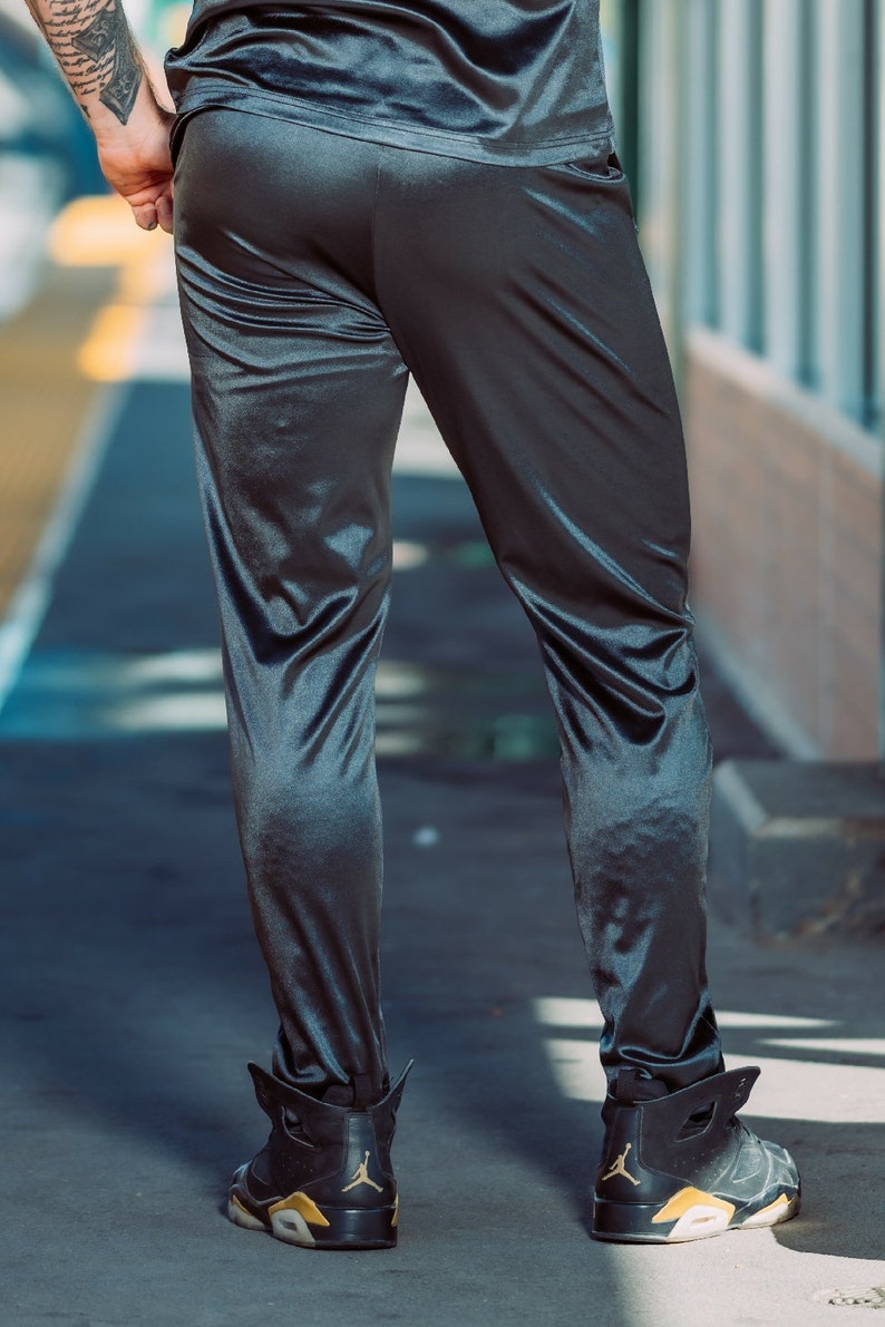 Men's Shiny Athleisure Satin Jogger Pants (Black, Navy, Silver) [Final Restock] image 3