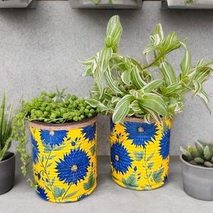 Handmade Recycled Plant Pot: Yellow & Blue Floral Upcycled Planter