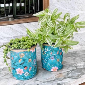 Vintage Teal Japanese Floral Handcrafted Recycled Planters indoor house planter 10cm