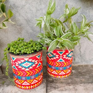 Upcycled Aztec Planter: Vibrant Geometric Eco-Friendly Home Decor