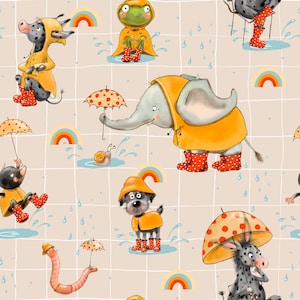 Könnte beinhalten: Ein nahtloses Muster mit verschiedenen Tieren, die gelbe Regenmäntel und rote Gummistiefel tragen. Zu den Tieren gehören ein Frosch, ein Elefant, ein Esel, ein Hund und ein Wurm. Der Hintergrund ist hellbeige mit einem Gittermuster und Regenbögen.