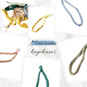 May include: A collection of macrame keychains in various colors, including yellow, blue, green, and pink. The keychains are made with knotted cords and have a simple, minimalist design.