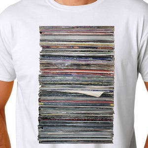 Vinyl Record Album Collection Stack and Adapter, White Music T-Shirt