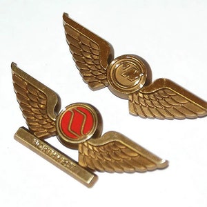 May include: Two gold-colored winged pins with a red and white logo in the center. The bottom pin has the text "Northwest" on a gold bar.