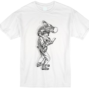 May include: A white t-shirt with a black and white illustration of a person walking with a skeleton superimposed on top of them. The person is looking down at a phone in their hand.