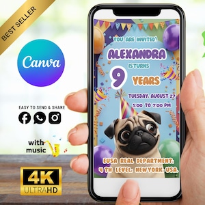 Video-Geburtstagseinladung zum Mops-Hund, bearbeitbare Canva-Vorlage mit Musik und Animationen, lustige und personalisierte digitale Einladung